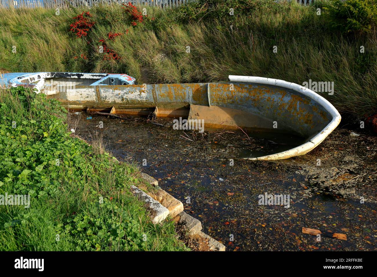 Die Fußspuren des Menschen: Ein verlassenes, heruntergekommenes, wasserbesiedeltes Boot neben einem See mit grünem Gras, Laub und Unkraut am Ufer. Stockfoto