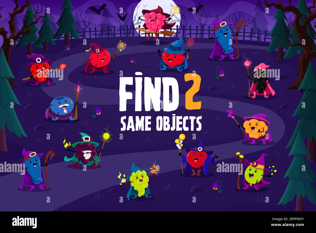 Auf dem Nachtfriedhof findet ihr zwei Halloween-Beerenmagier aus demselben Cartoon. Das Vektorspiel-Arbeitsblatt für Kinder passt perfekt zu Erdbeere, Heidelbeere, Cranberry und Hure Stock Vektor