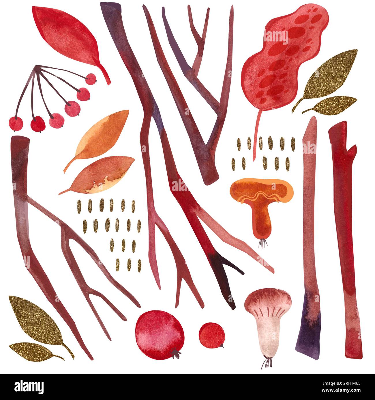 Eine Reihe von Herbstgegenständen in Aquarellfarben: Blätter, Äste, Pilze, Beeren. Isolierte Darstellung. Clipart (Clipart). Rasterdarstellung für Verpackung, Begrüßung ca. Stockfoto