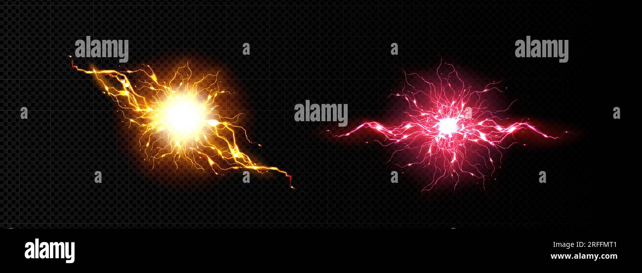 Elektrische Blitzbälle, Energiestoß-Effekt mit Lichtblitz. Abstrakte Explosion mit Blitzen und Funkeln isoliert auf transparentem Hintergrund, vektorrealistisches Set Stock Vektor