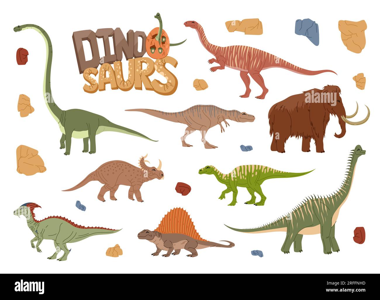 Cartoon-Dinosaurier-Charaktere mit Vektor-Dino-Ei und Baby-Brachiosaurus. Prähistorische Tierfiguren mit niedlichem Mammut, Parasaur und Iguanod Stock Vektor
