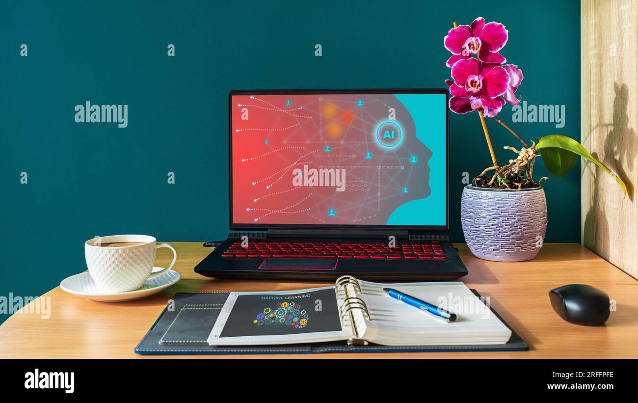 Künstliches Inteligenztechnologiekonzept auf dem Laptop-Bildschirm, das ein interaktives neuronales Netzwerk mit künstlicher Intelligenz zeigt Stockfoto