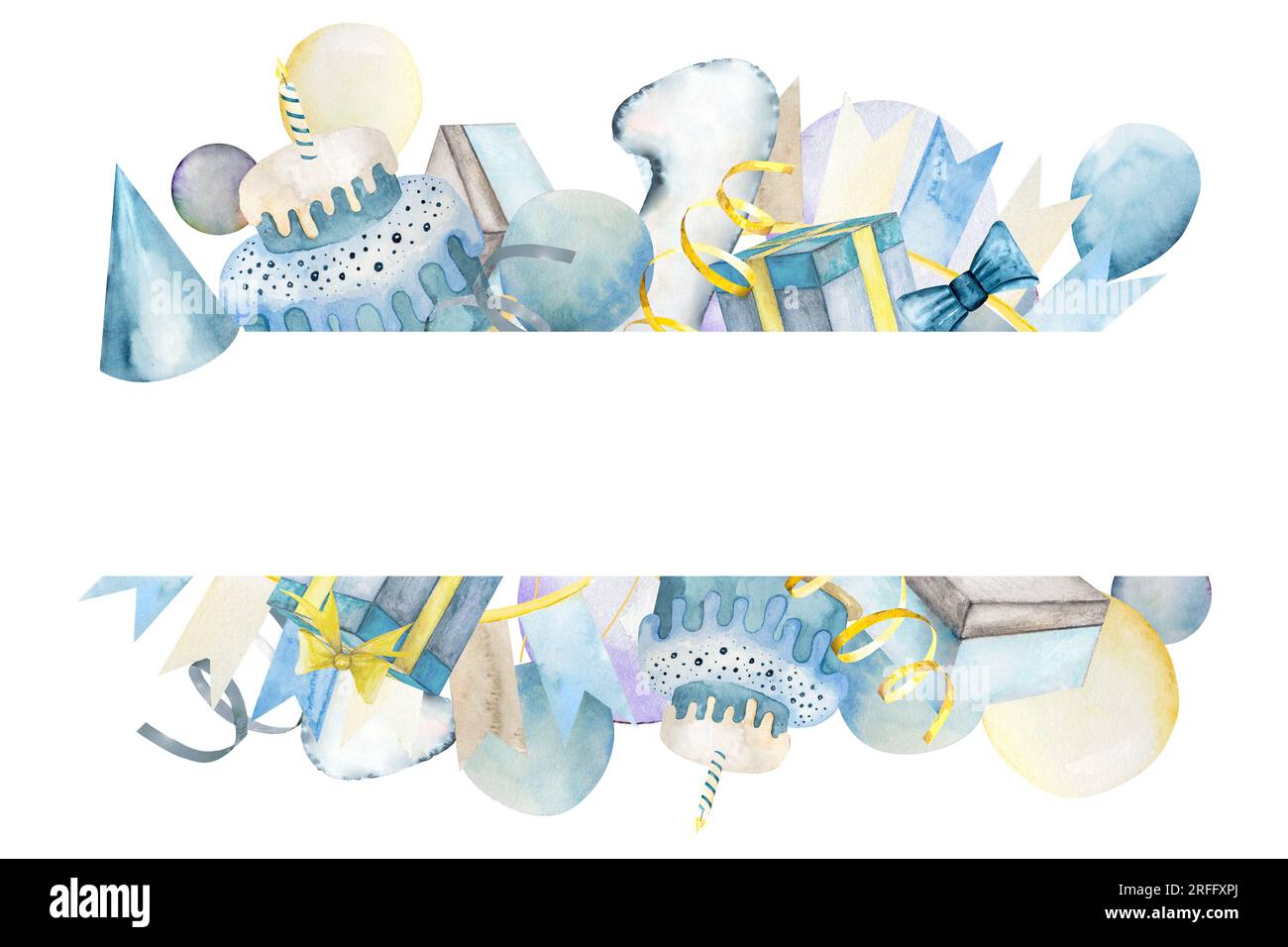 Aquarelle Abbildung Handzeichnung. Niedliche Rahmenkarten mit einem Kuchen, Ballons, Bändern, Seifenblasen und Flaggen für den Urlaub eines Kindes Stockfoto
