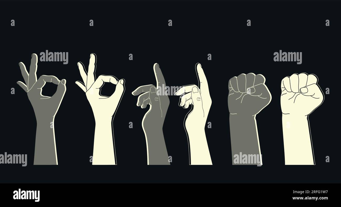Ein Satz menschlicher Hände mit verschiedenen Gesten. Helle und dunkle Handsilhouetten auf schwarzem Hintergrund. Vektordarstellung Stock Vektor