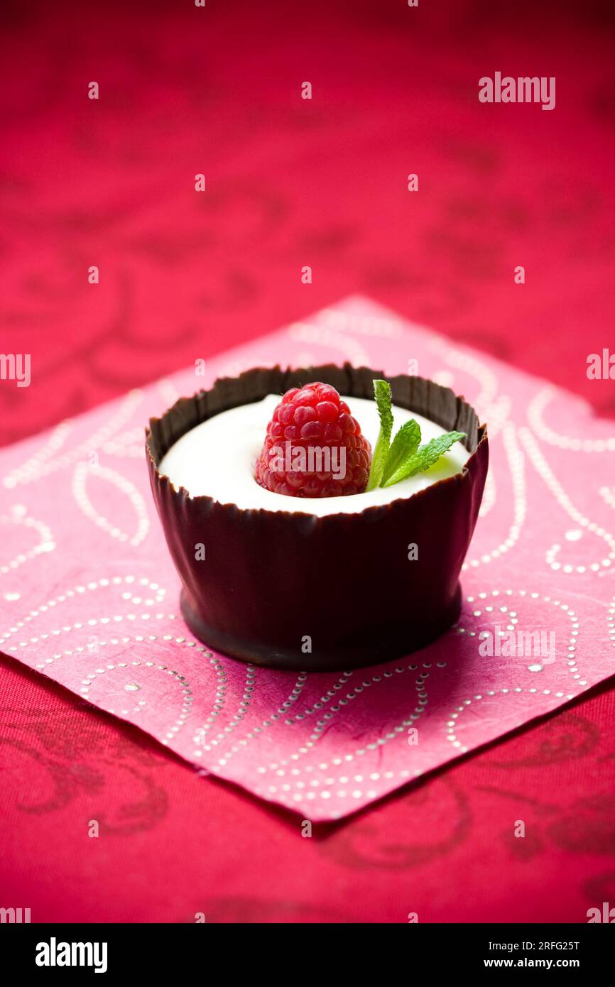 Dessert mit weißer Schokolade, serviert mit frischer Himbeere und Minze in einem essbaren Schokoladenbecher Stockfoto
