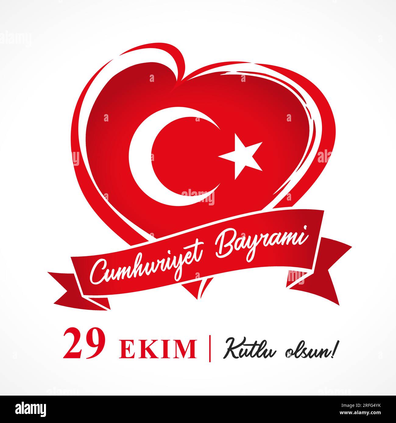 Tag der Republik Türkei Oktober 29 kreatives Logo-Design mit Herz und türkischer Flagge. Symbol „Glückwunsch“. Isolierte Elemente. Grafikvorlage. Reise A Stock Vektor
