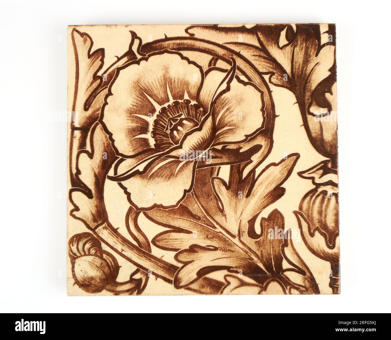 Antik 1880-1900er handbemalt W.B. Simpson (attrib.) Arts and Crafts Poppy ) Keramikfliesen auf Pilkington blank. Stockfoto