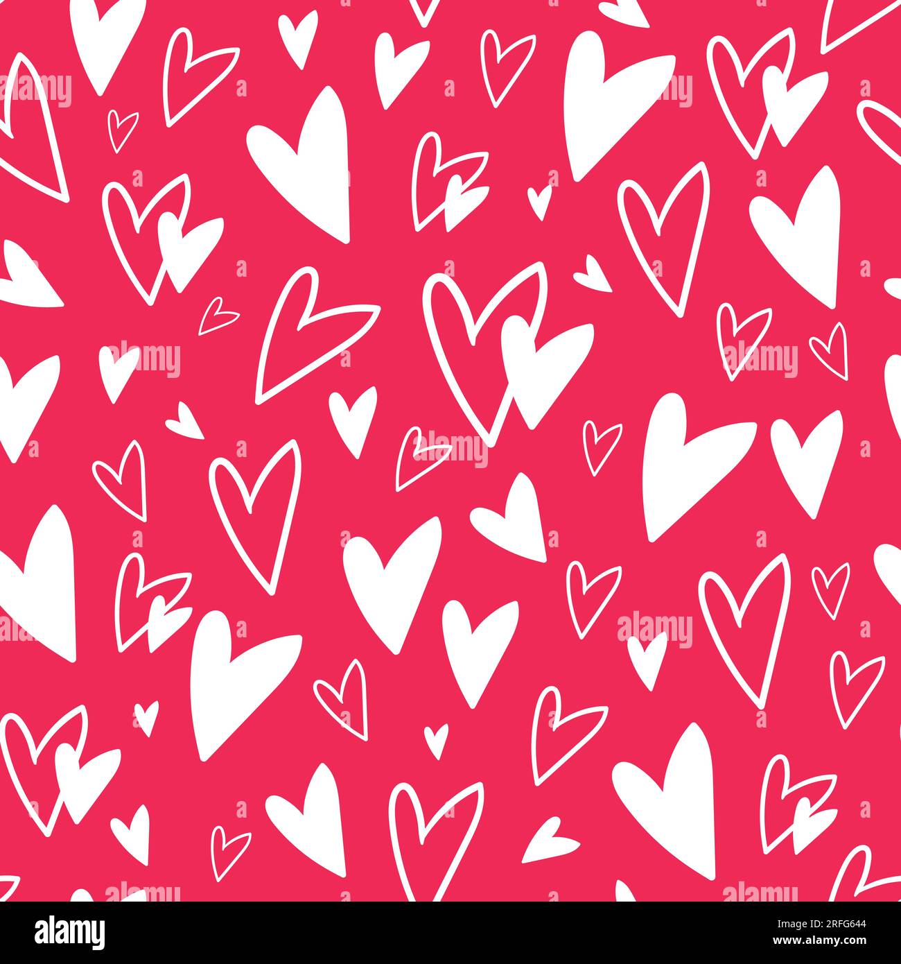 Nahtloses Muster mit weißen Kritzelherzen auf rotem Hintergrund. Zum Valentinstag Geschenkpapier, Textil und Dekoration. Handgezeichnete Vektorillustratio Stock Vektor