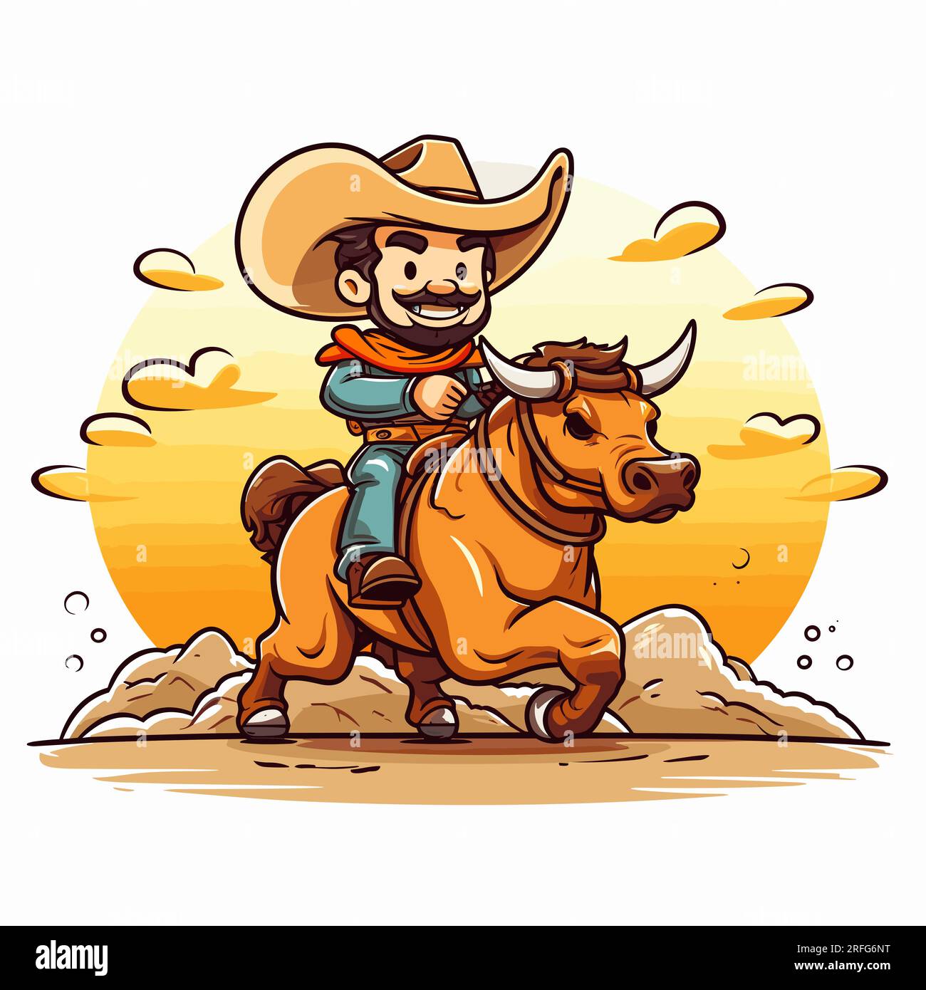 Rodeo. Cowboy reitet einen Bullen. Cowboy reitet auf einem Bullen, handgezeichnet, Comic-Illustration. Vektor-Doodle-Zeichentrickfilm-Illustration Stock Vektor