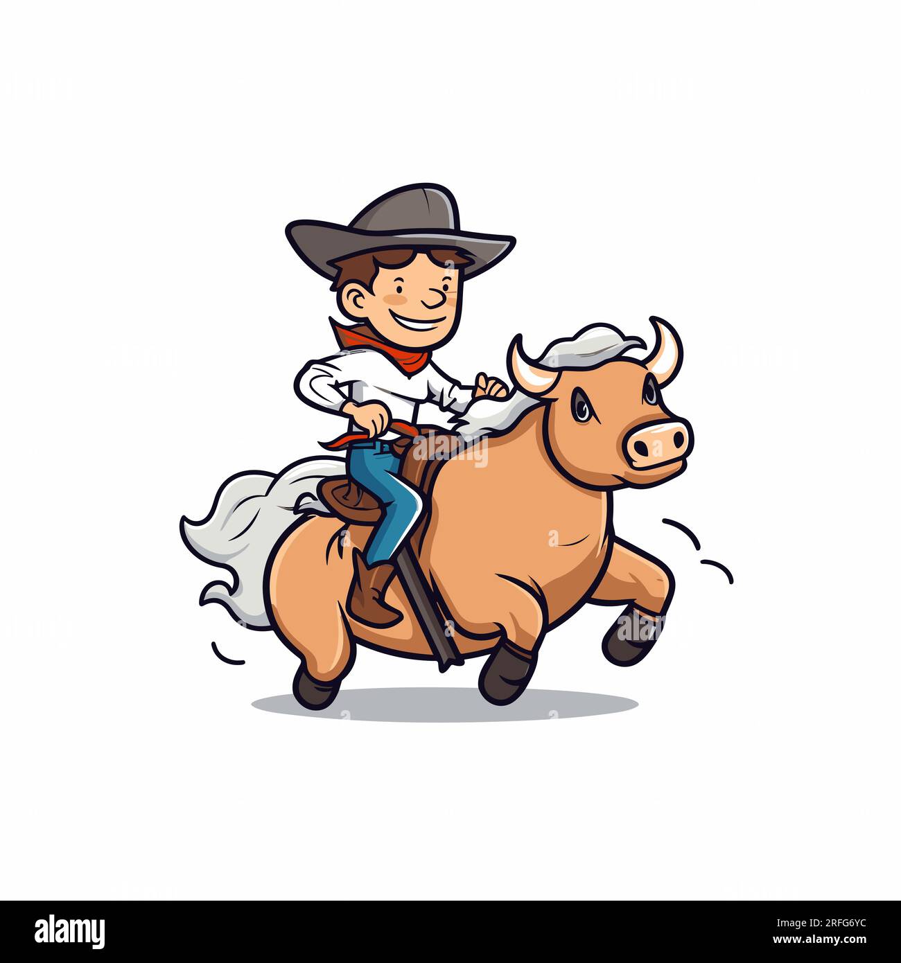 Rodeo. Cowboy reitet einen Bullen. Cowboy reitet auf einem Bullen, handgezeichnet, Comic-Illustration. Vektor-Doodle-Zeichentrickfilm-Illustration Stock Vektor
