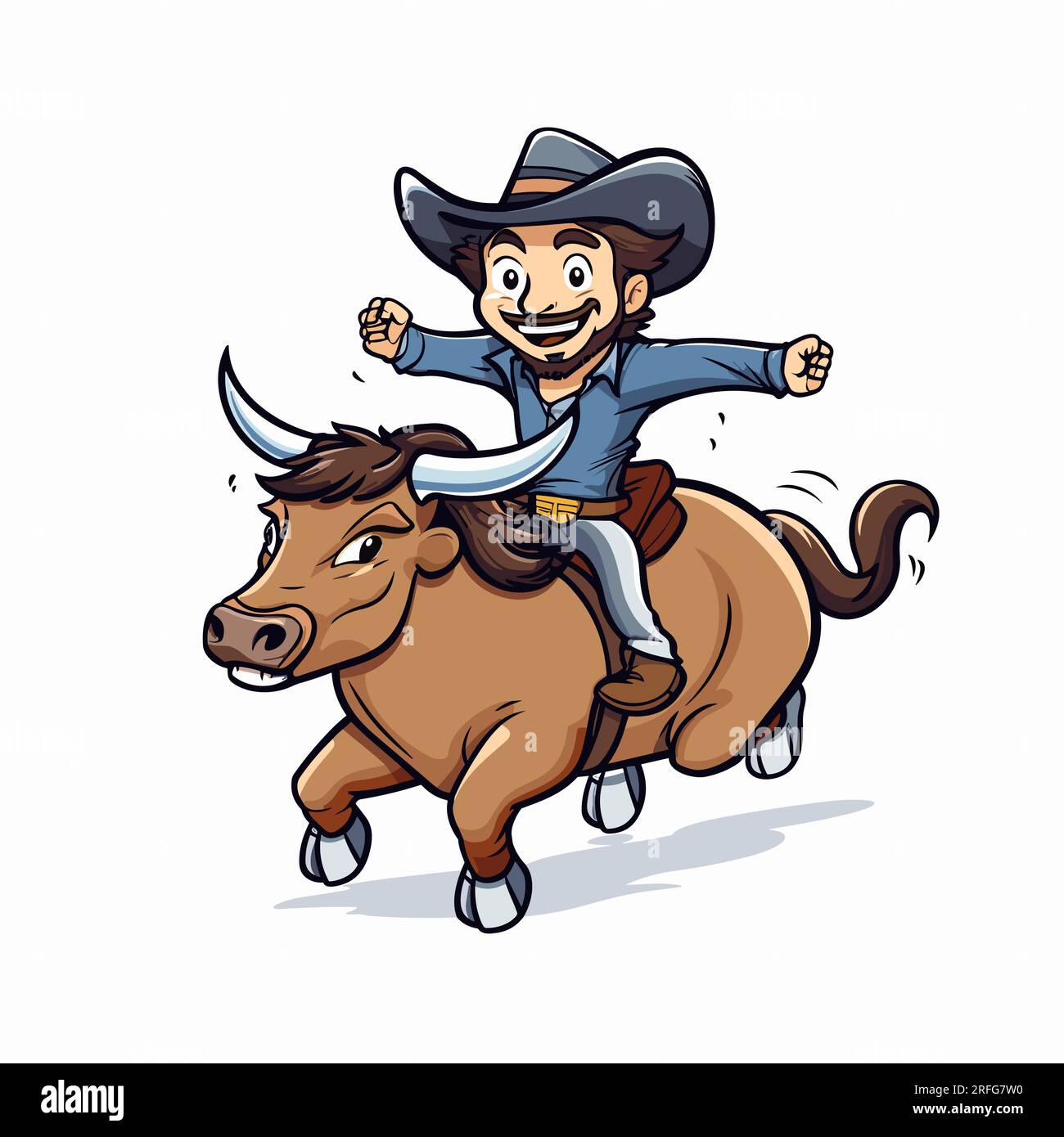 Rodeo. Cowboy reitet einen Bullen. Cowboy reitet auf einem Bullen, handgezeichnet, Comic-Illustration. Vektor-Doodle-Zeichentrickfilm-Illustration Stock Vektor