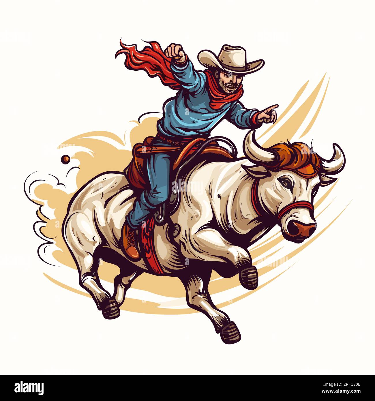 Rodeo. Cowboy reitet einen Bullen. Cowboy reitet auf einem Bullen, handgezeichnet, Comic-Illustration. Vektor-Doodle-Zeichentrickfilm-Illustration Stock Vektor