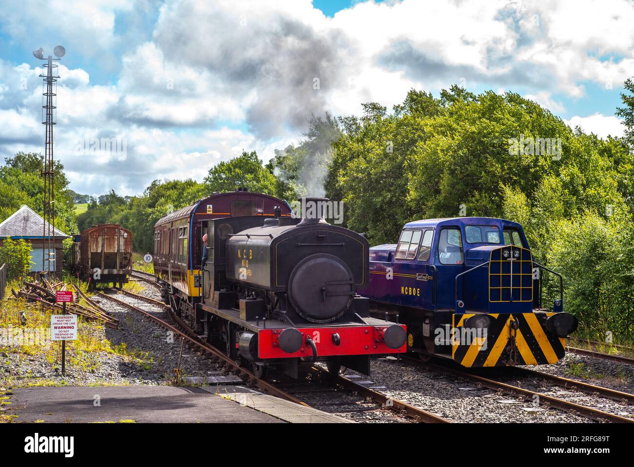 Dampflokomotive und Kutsche der Doon Valley Railway nähern sich dem Bahnhof Dunskin Stockfoto