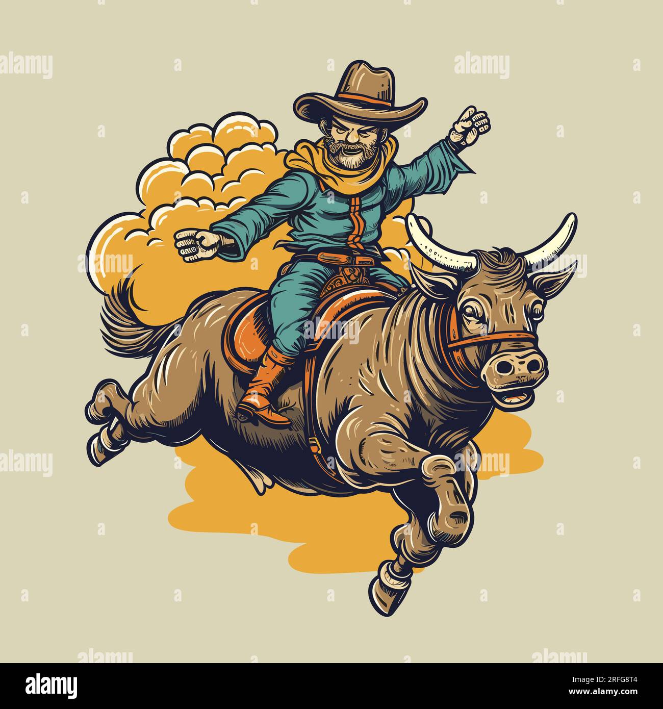 Rodeo. Cowboy reitet einen Bullen. Cowboy reitet auf einem Bullen, handgezeichnet, Comic-Illustration. Vektor-Doodle-Zeichentrickfilm-Illustration Stock Vektor