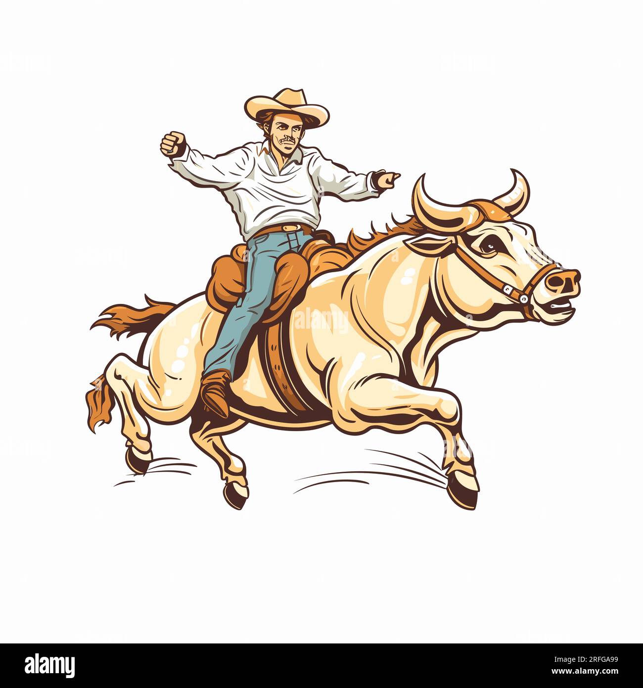 Rodeo. Cowboy reitet einen Bullen. Cowboy reitet auf einem Bullen, handgezeichnet, Comic-Illustration. Vektor-Doodle-Zeichentrickfilm-Illustration Stock Vektor