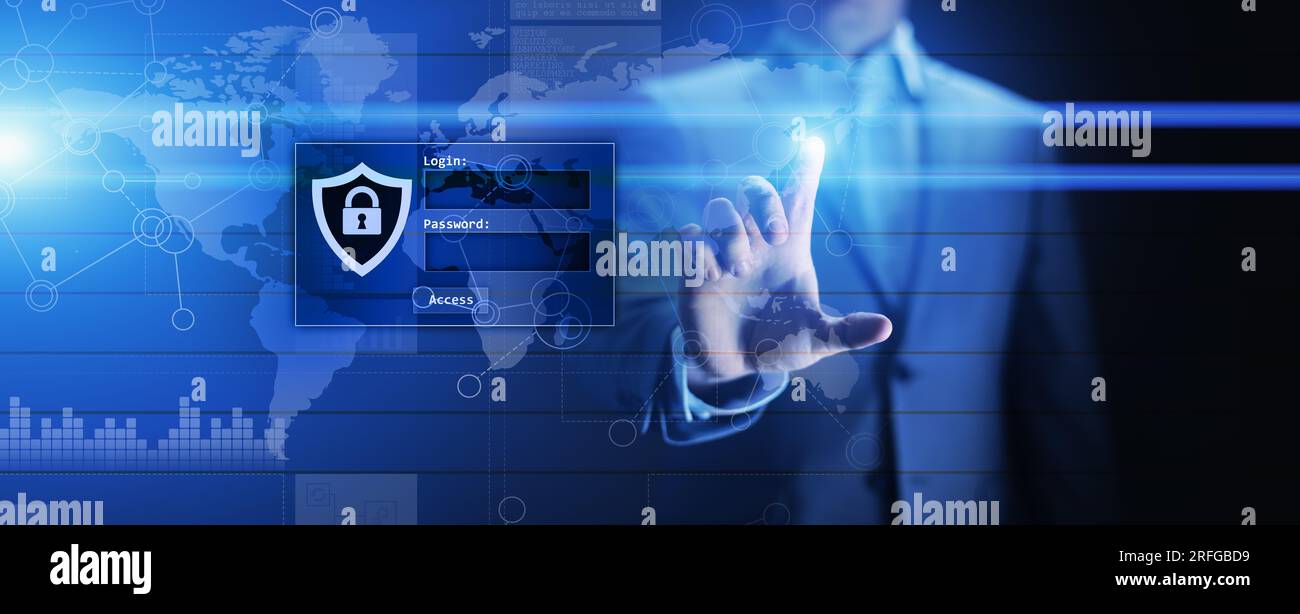 Zugriffsfenster mit Login und Passwort auf dem virtuellen Bildschirm. Konzept für Cyber-Sicherheit und Schutz personenbezogener Daten. Stockfoto