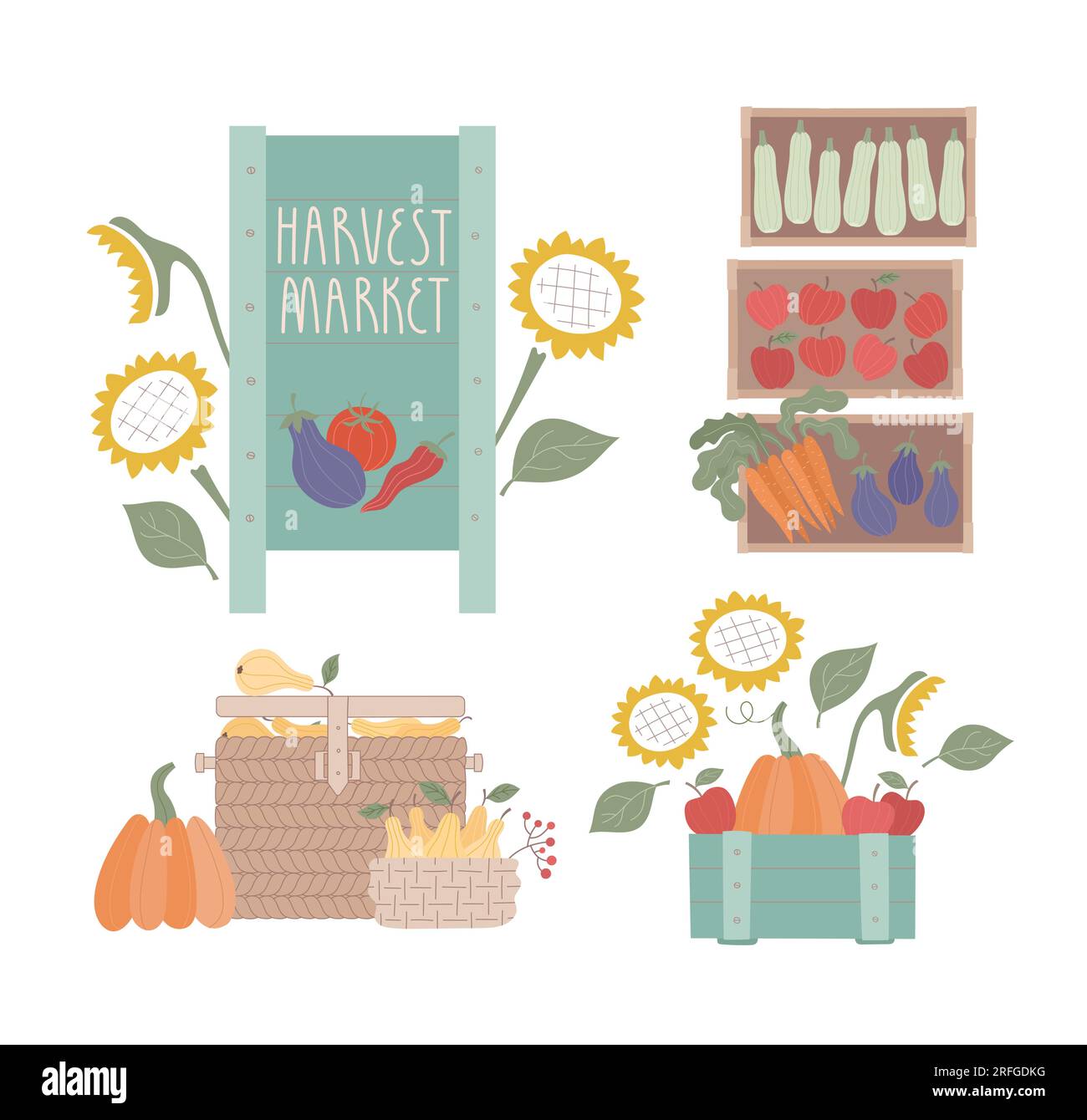 Farmmarkt-Banner, Korb, Schachtel mit Obst, Gemüse, Sonnenblumen. Helle Vektordarstellung für Karte, Flyer, Banner. Stock Vektor