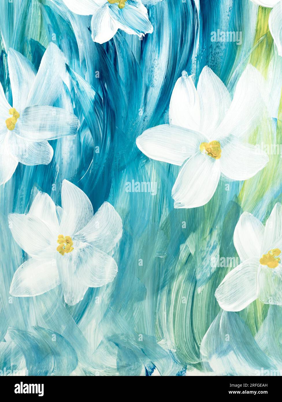 Abstrakte weiße Blüten auf Blau, handgezeichnet, impressionistischer Stil, Farbstruktur, Pinselstriche von Farbe, Kunsthintergrund. Moderne Kunst. Contempo Stockfoto