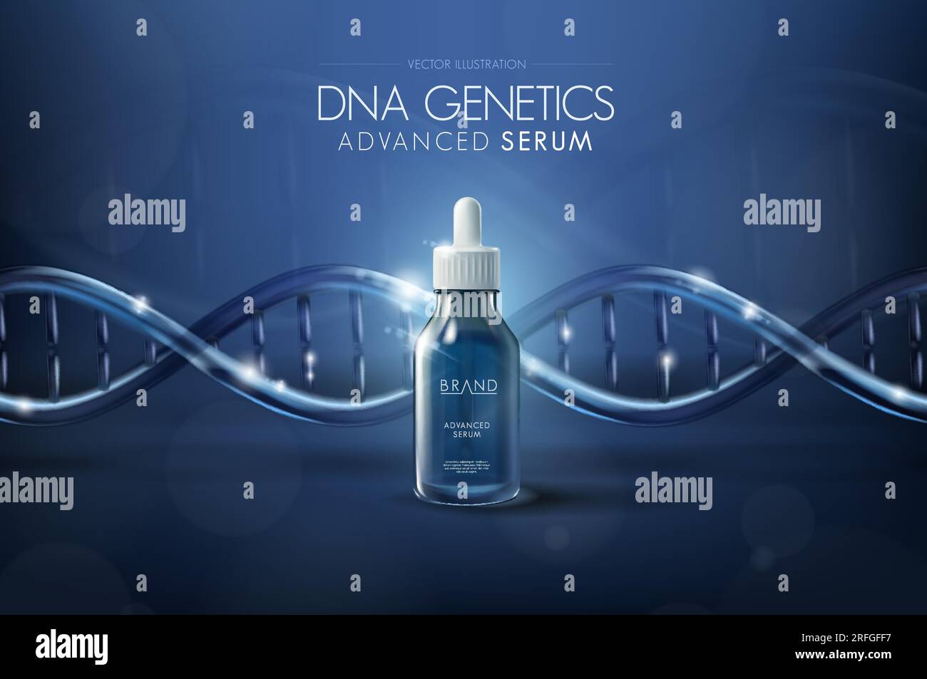 Vorlage für feuchtigkeitsspendende serumkosmetische Anzeigen. Tropfflasche mit dna-Molekülen Stock Vektor