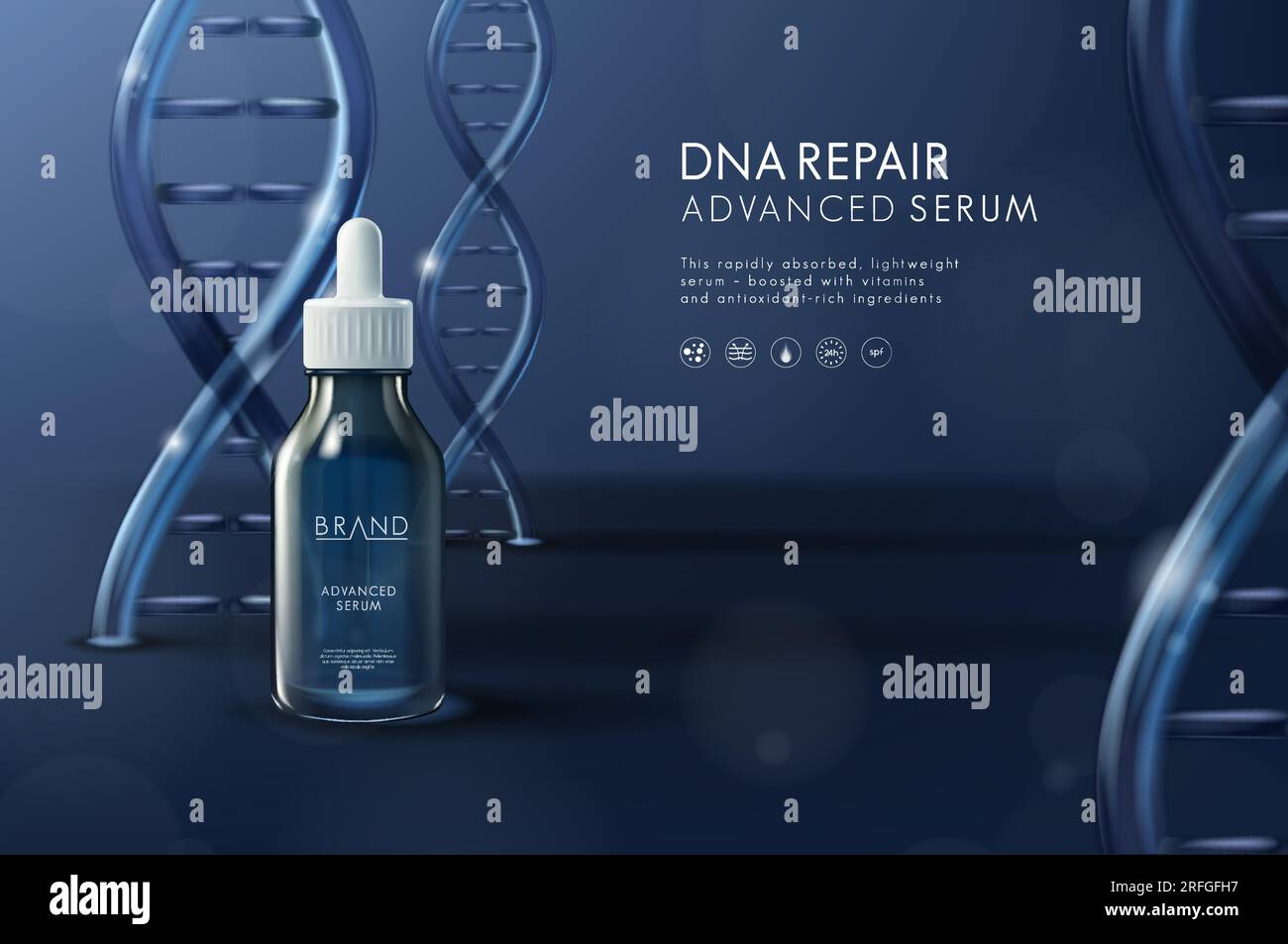 Vorlage für feuchtigkeitsspendende serumkosmetische Anzeigen. Tropfflasche mit dna-Molekülen Stock Vektor