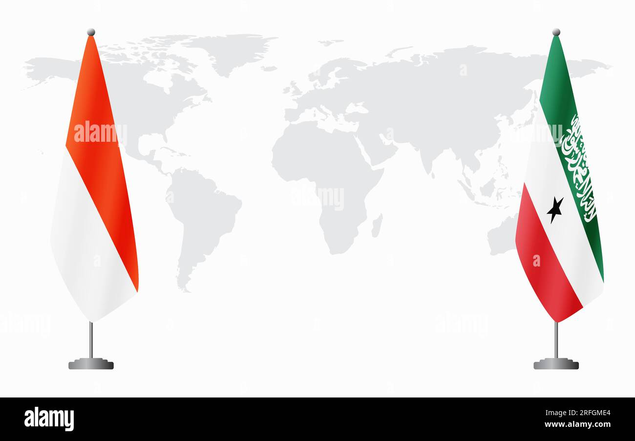 Indonesien und Somaliland führen vor dem Hintergrund der Weltkarte die Flaggen für eine offizielle Tagung. Stock Vektor