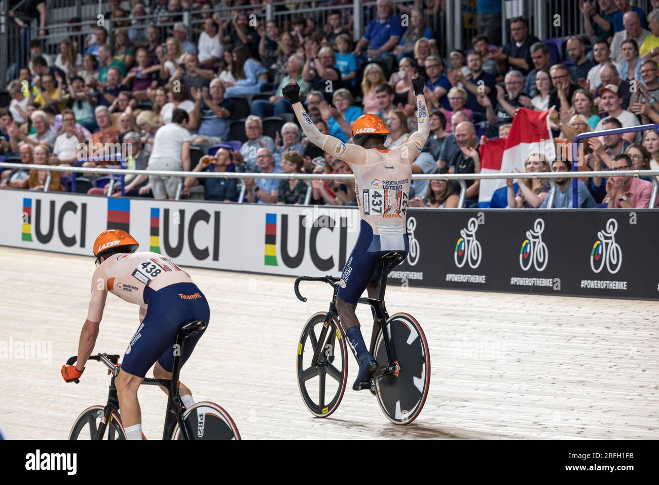 Glasgow, Großbritannien. 03. Aug. 2023. Dutch ABRAHAM GEBRU Daniel feiert nach dem Gewinn des Men C5 Scratch Race Paracycling Event in Glasgow, Schottland, Teil der UCI World Championships Cycling, Donnerstag, den 03. August 2023. UCI organisiert die Welten mit allen Disziplinen des Radfahrens, des Straßenrades, Indoor-Radsports, Mountainbikes, BMX-Rennen, Straßen- und Hallenparkradfahren, in Glasgow vom 05. Bis 13. August. BELGA FOTO DAVID PINTENS Kredit: Belga News Agency/Alamy Live News Stockfoto