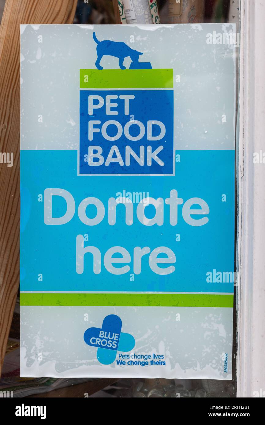 Plakat für eine Haustierbank in einem Blue Cross Animal Welfare Charity Shop-Fenster, in dem nach Spenden gefragt wird, England, Großbritannien Stockfoto