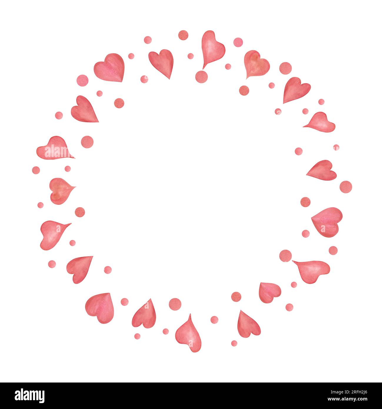 Romantischer runder Rahmen aus rosa Herzen. Platz für Text. Aquarelldarstellung isoliert auf Weiß. Für Save the Date, Valentinstag, Geburtstagskarte Stockfoto