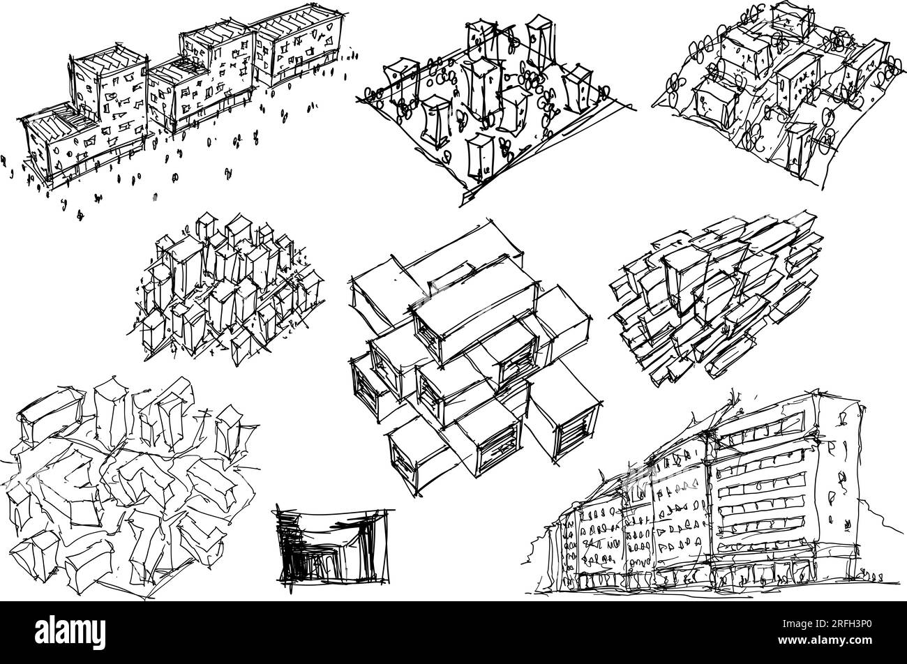 Viele handgezeichnete architektonische Skizzen von Architektur und urbanen Ideen, Gebäuden und Menschen Stockfoto