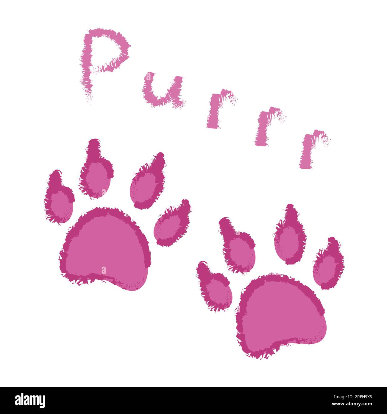 Süße flauschige pinkfarbene Tierabdrücke mit Katzenmotiv und Schriftzug „Purr“. Vektor isoliert. Design für eine Karte, Einband, Grußkarte, Modedruck für Tierkleidung, Sammelalben, Tierhandlung. Stock Vektor
