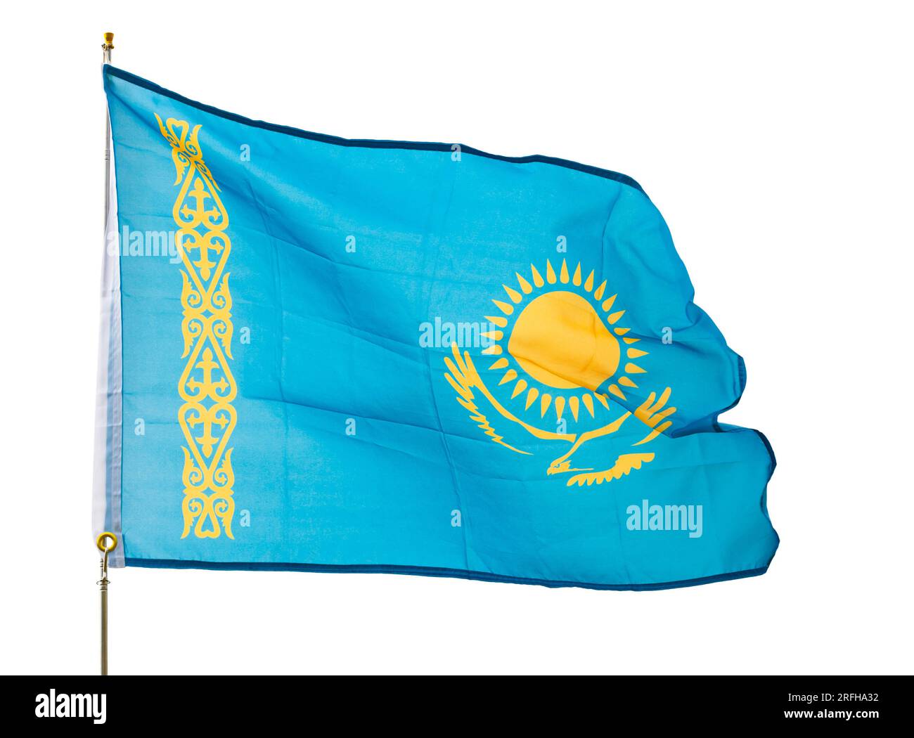 Die kasachische Flagge fliegt wunderbar im Wind Stockfoto