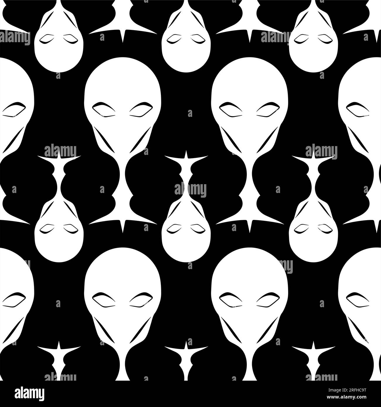 Nahtlose Muster weißer grafischer Aliens auf schwarzem Hintergrund, Textur und Design Stockfoto