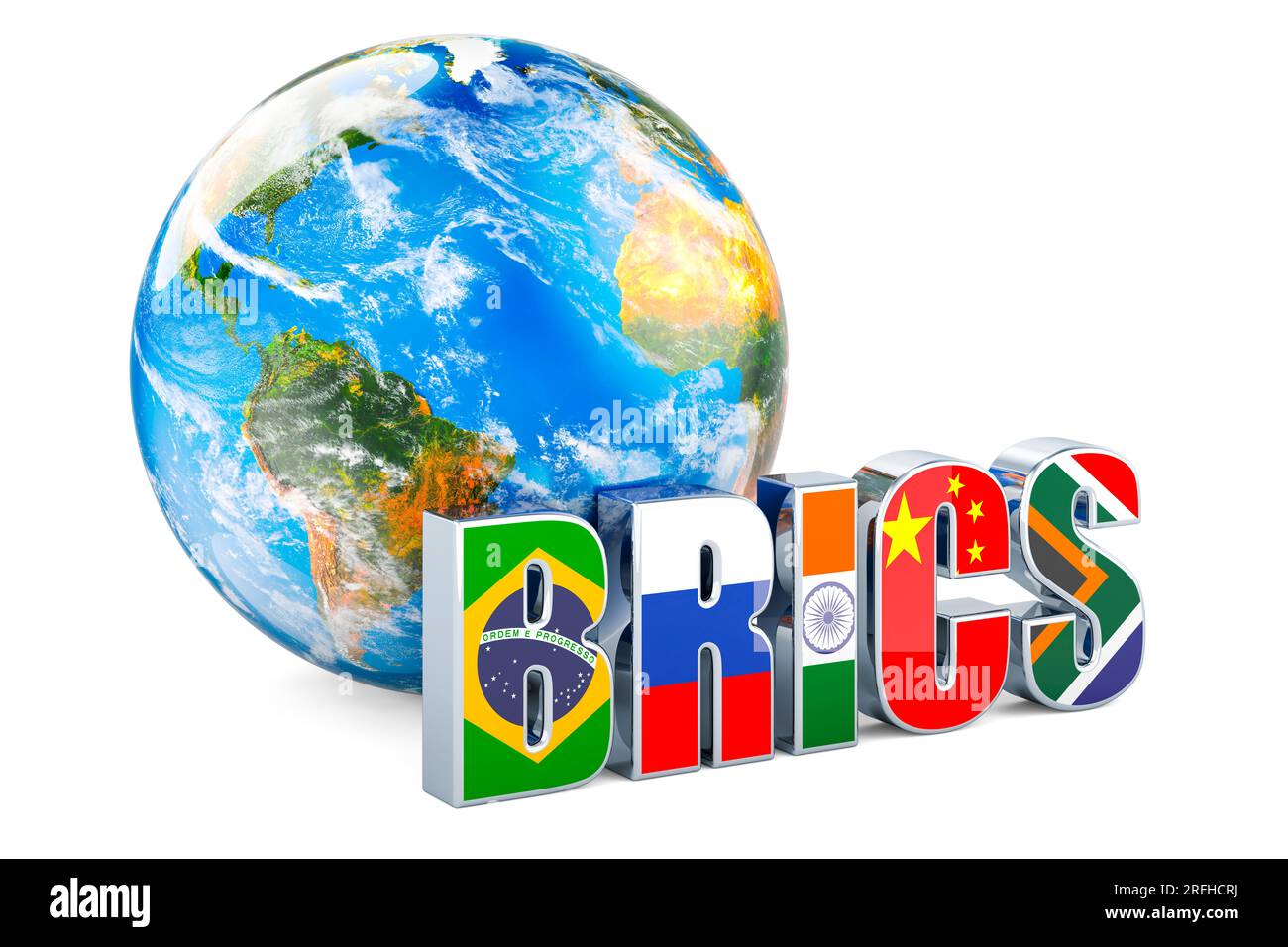 BRICS-Gipfelkonzept mit Earth Globe, 3D-Rendering isoliert auf weißem Hintergrund Stockfoto