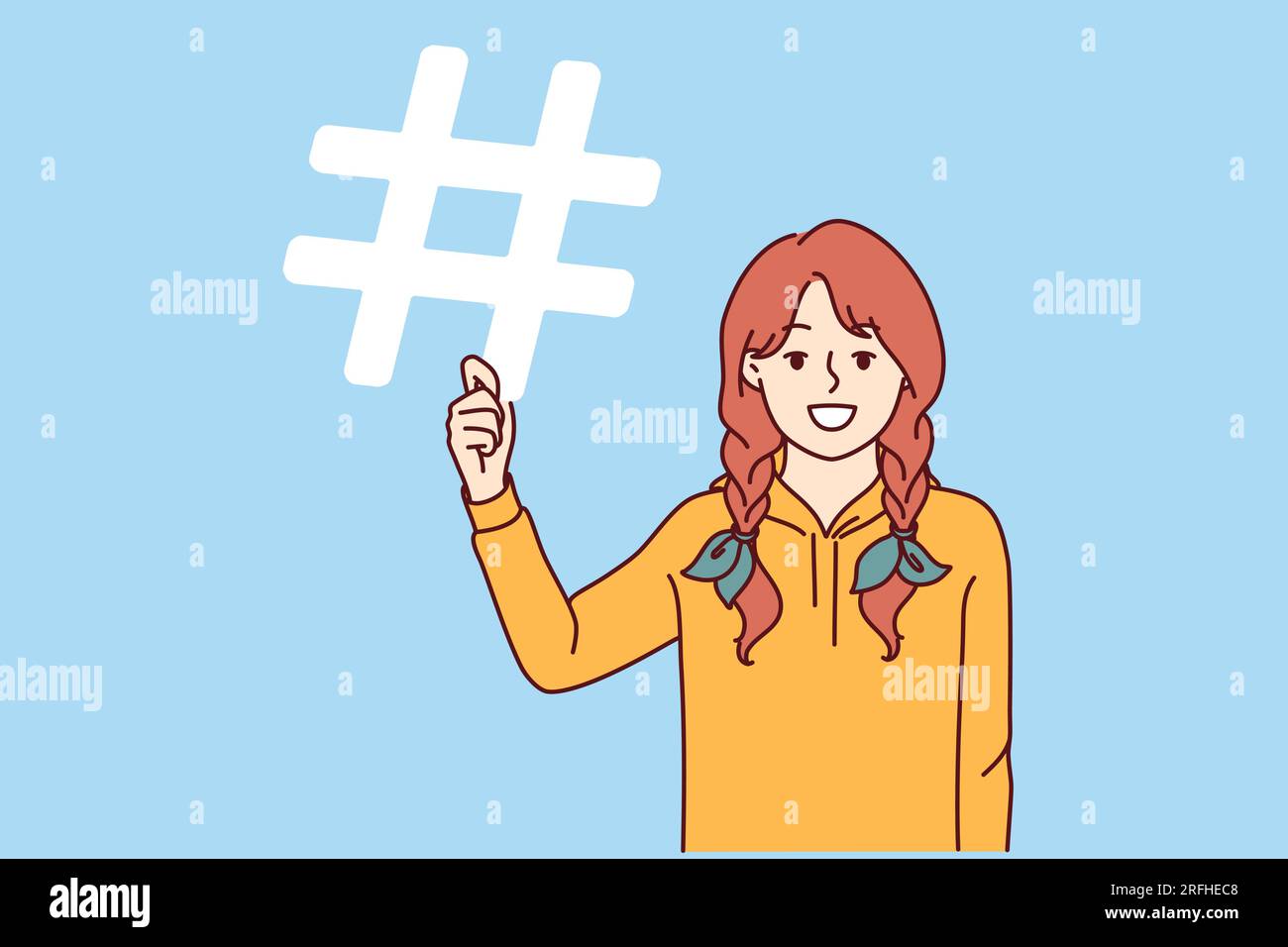 Das kleine Mädchen hält ein Hashtag-Symbol in der Hand, mit dem es seine Freunde oder Veranstaltungen in sozialen Medien mit einem Schild kennzeichnen kann. Schulmädchen mit Hashtag empfiehlt, eine Verknüpfung herzustellen und ein spezielles Zeichen für die erneute Verknüpfung zu verwenden Stock Vektor
