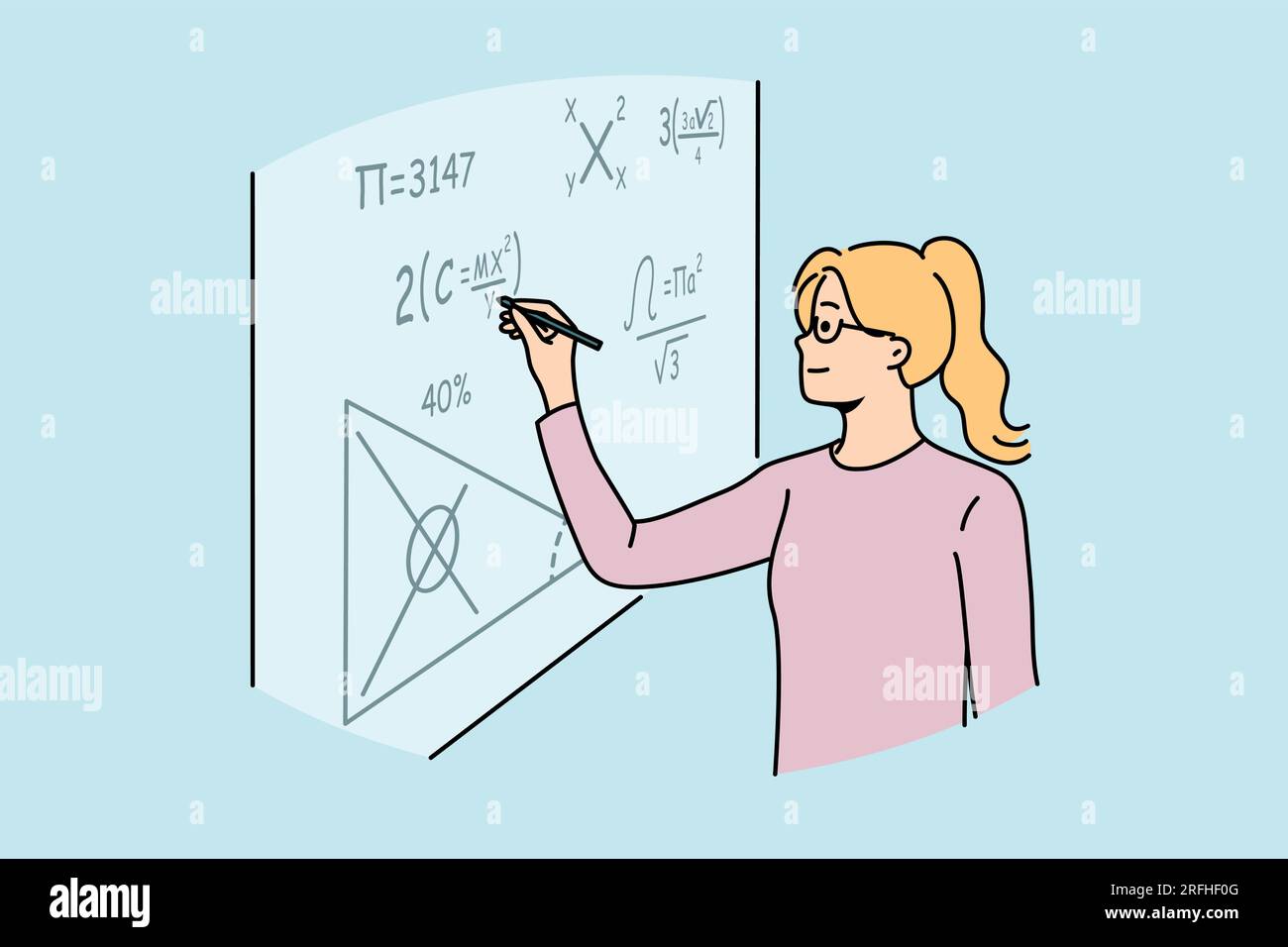 Eine Mathematikschülerin schreibt Formeln an die Tafel, löst komplexe Gleichungen bei der Algebra olympiad. Junge Frauen mögen Mathematik und studieren an einer Universität oder einem College für Bildung Stock Vektor