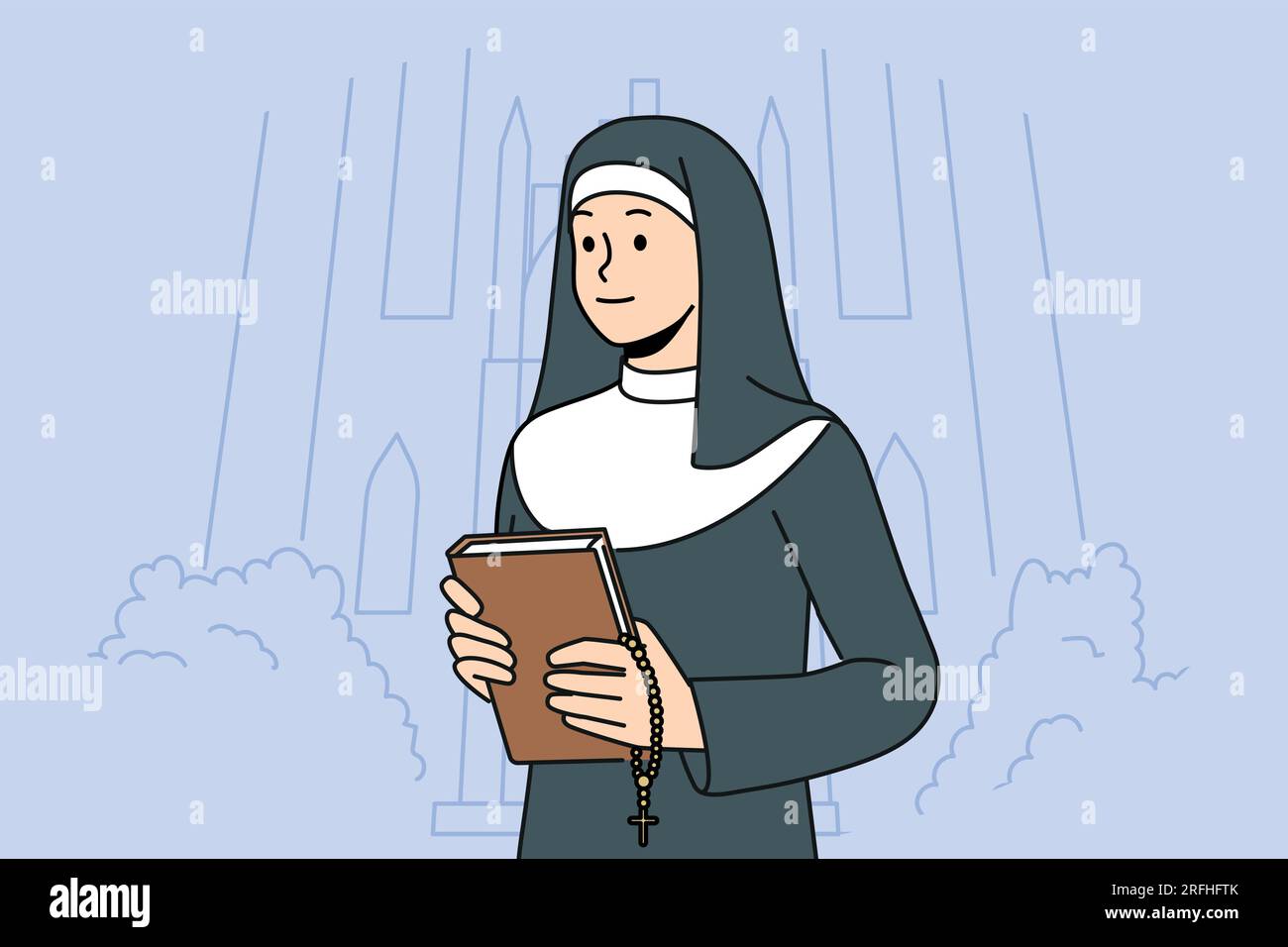 Nonne mit bibel steht in der Nähe der Kirche, um christliche Schreine zu besuchen und Evangelien oder religiöse Gebete zu studieren. Katholische Nonne in weiß-schwarzem Cassock hält Kreuz für traditionelle orthodoxe Rituale. Stock Vektor