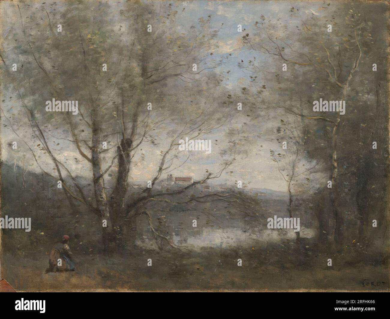 Ein Teich, der zwischen 1855 und 1865 von Jean-Baptiste Camille Corot durch den Baum gesehen wurde Stockfoto