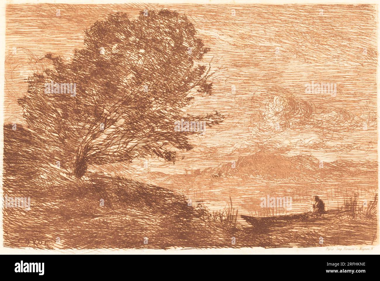 „Jean-Baptiste-Camille Corot, Ein Tiroler See (UN lac du Tirol), 1863, Rotbraun auf gewebtem Papier, Bild: 11,5 x 17,3 cm (4 1/2 x 6 13/16 Zoll) Blatt: 18,1 x 27,2 cm (7 1/8 x 10 11/16 Zoll), Ailsa Mellon Bruce Fund, 1984.70.1' Stockfoto