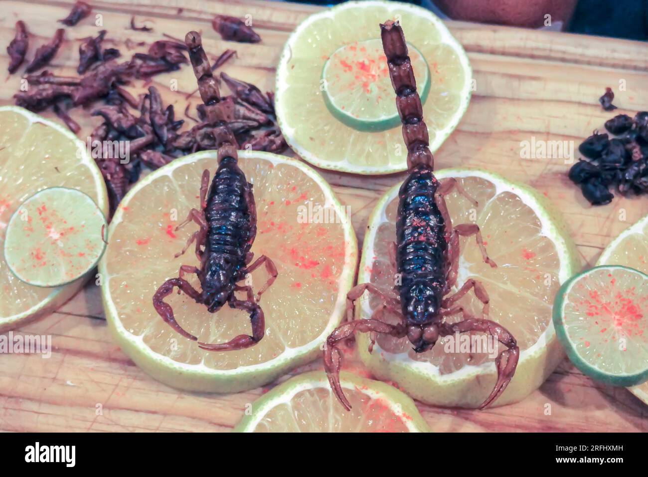 Skorpione und andere Insekten werden im mexikanischen Restaurant serviert Stockfoto