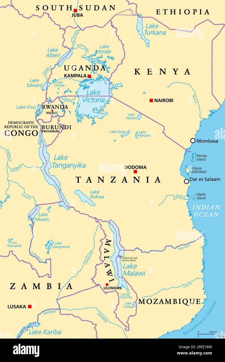 Afrikanische Region der Großen Seen, politische Karte. Große gespaltene Seen Afrikas, einschließlich Victoria-See, Tanganyika-See und Malawi-See. Stockfoto