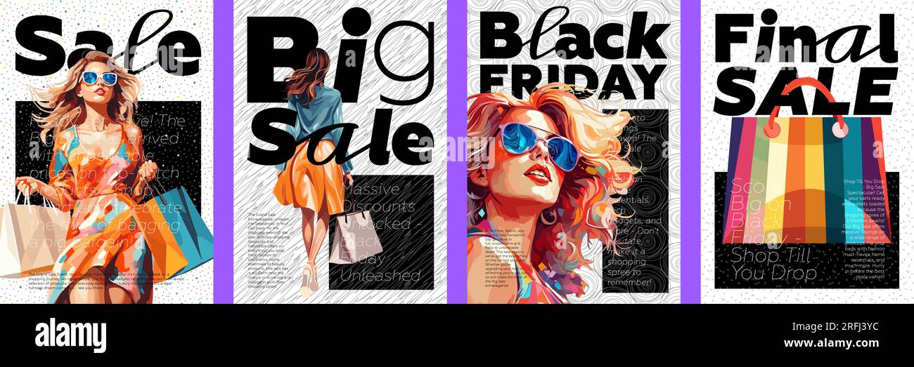 Poster-Set zu Sonderangeboten und Rabatten. Modische Frau im Einkaufszentrum. Black Friday-Angebot abstraktes Plakat mit Werbetext in leuchtenden Farben. Kreatives Muster- und Typographiedruck-Design. Kunstbanner Stock Vektor