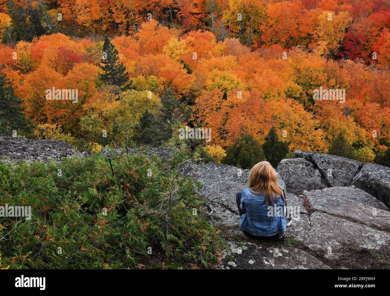 Eine junge Frau sitzt auf einem Felsen und blickt im Herbst auf die bunten Bäume. Stockfoto
