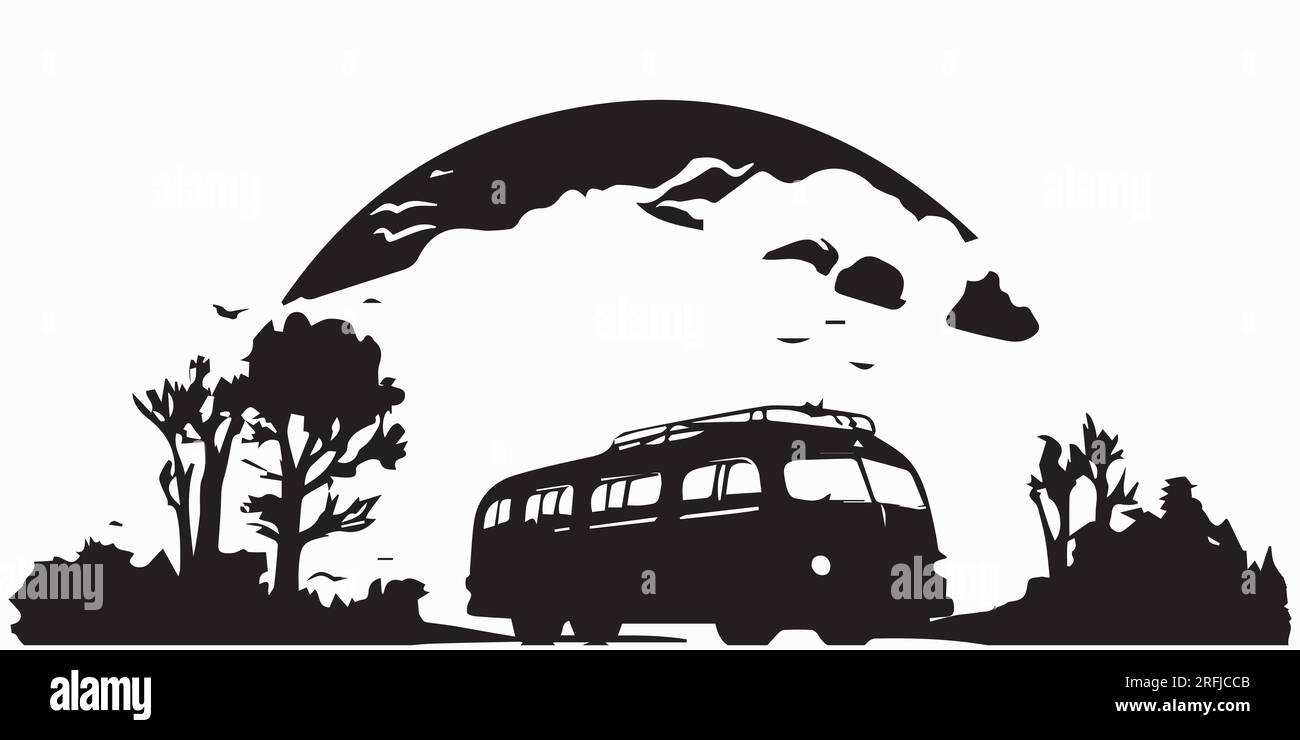 Ein Bus fuhr an einer Silhouettenvektorillustration des Dorfes vorbei Stock Vektor