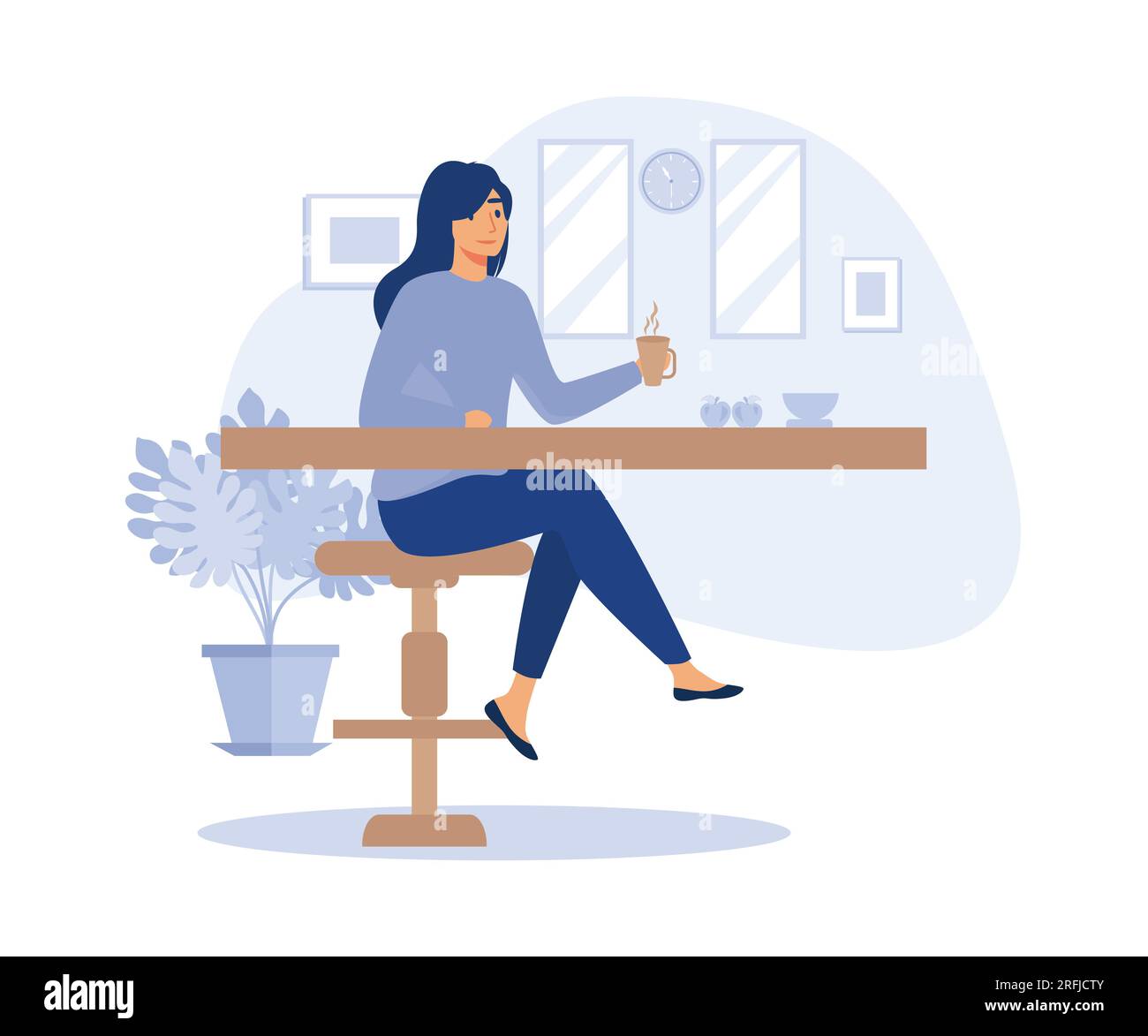 Ein Mädchen isst in der Pause in einem gemütlichen Speisesaal zu Mittag. Suppenschüssel mit heißer Nahrung und frischer süßer Apfel. Flache Vektoren, moderne Illustration Stock Vektor