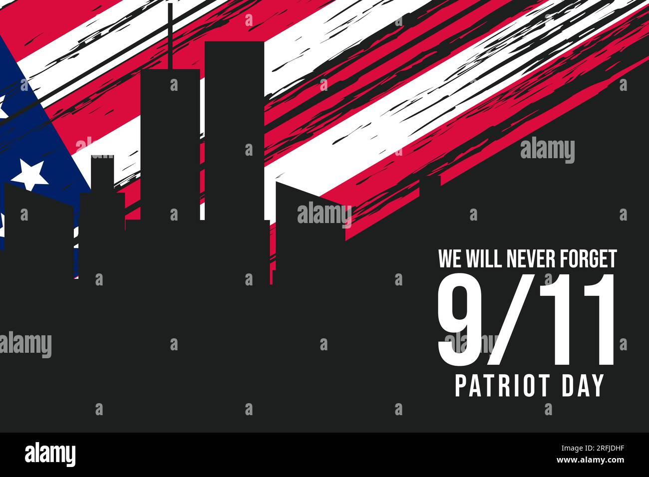 9 11 Patriot Day Hintergrund mit Silhouettenbau und rauer amerikanischer Flagge Stock Vektor