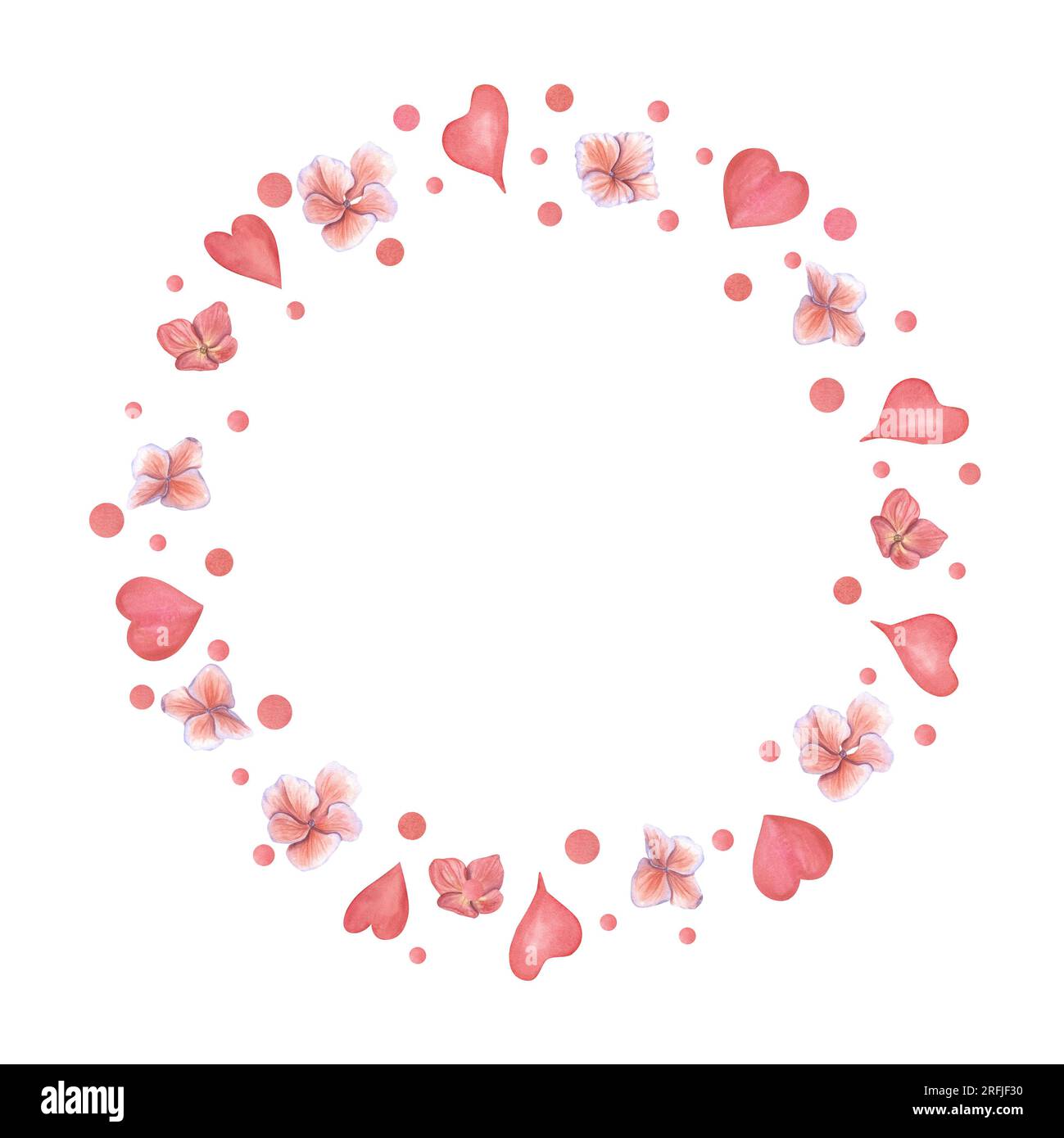 Der Kranz rosa Herzen und die Blüten der Hortensien. Platz für Text. Aquarelldarstellung isoliert auf Weiß. Für Save the Date, Valentinstag, Geburtstag und Stockfoto