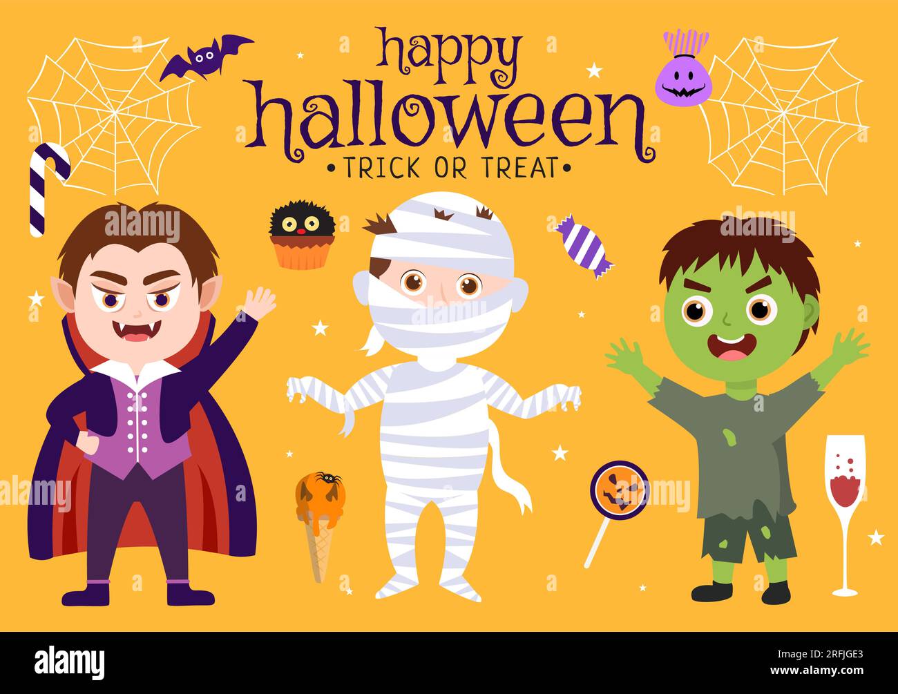 Legen Sie die Vektordarstellung für Halloween-Elemente mit verschiedenen Vorlagen wie Geistern, Kürbissen, Skulls, Süßigkeiten und mehr Cartoon-Hintergrund fest Stock Vektor