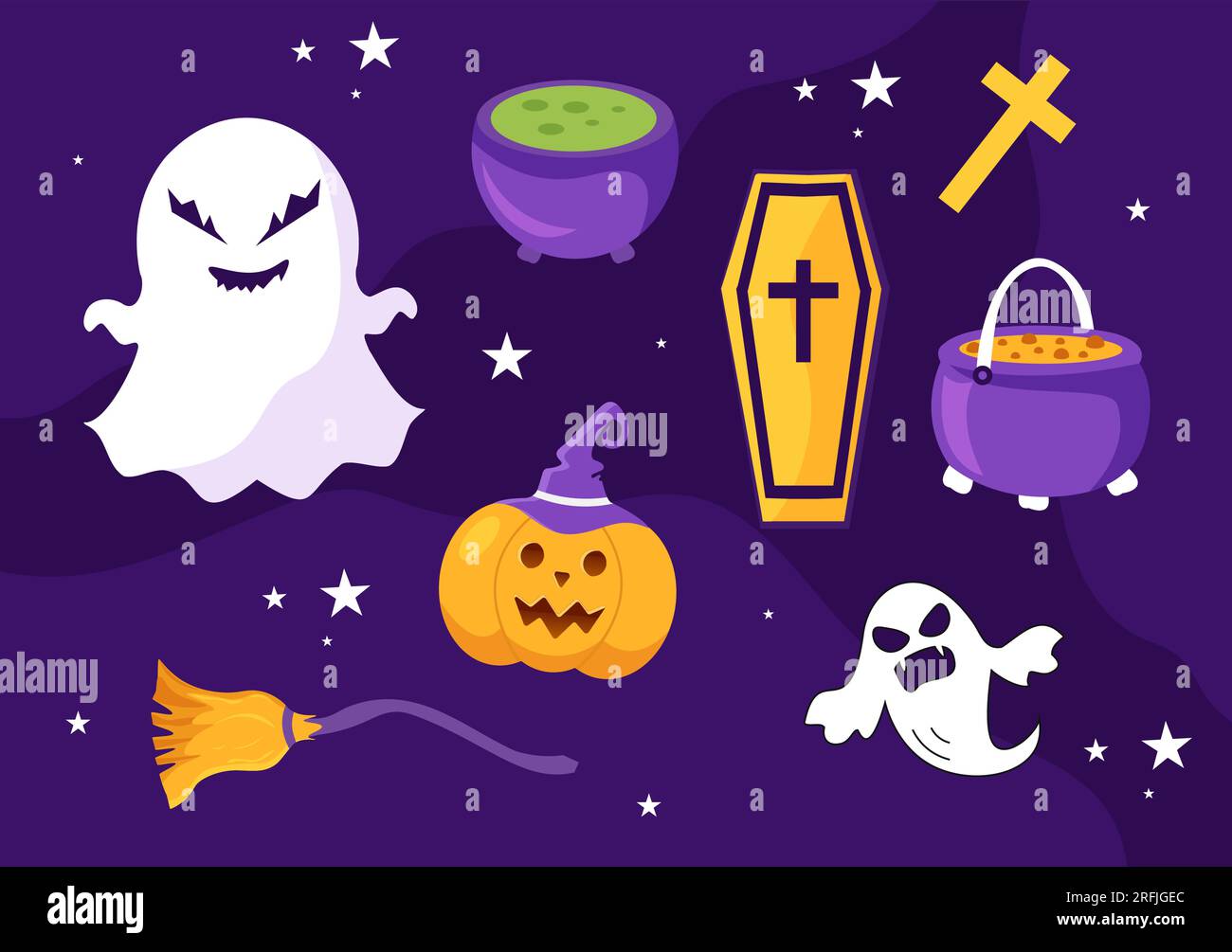 Legen Sie die Vektordarstellung für Halloween-Elemente mit verschiedenen Vorlagen wie Geistern, Kürbissen, Skulls, Süßigkeiten und mehr Cartoon-Hintergrund fest Stock Vektor