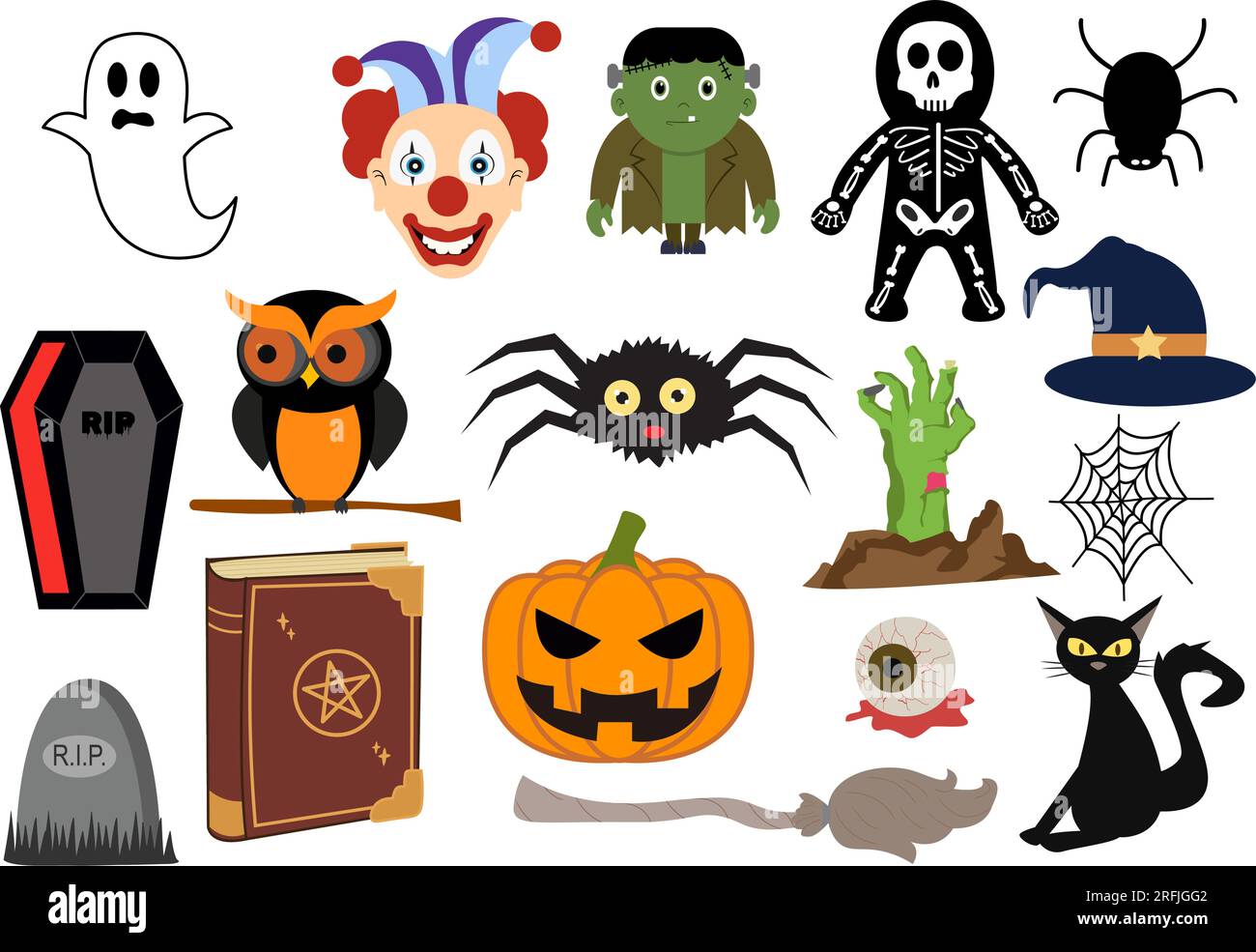 Legen Sie die Vektordarstellung für Halloween-Elemente mit verschiedenen Vorlagen wie Geistern, Kürbissen, Skulls, Süßigkeiten und mehr Cartoon-Hintergrund fest Stock Vektor