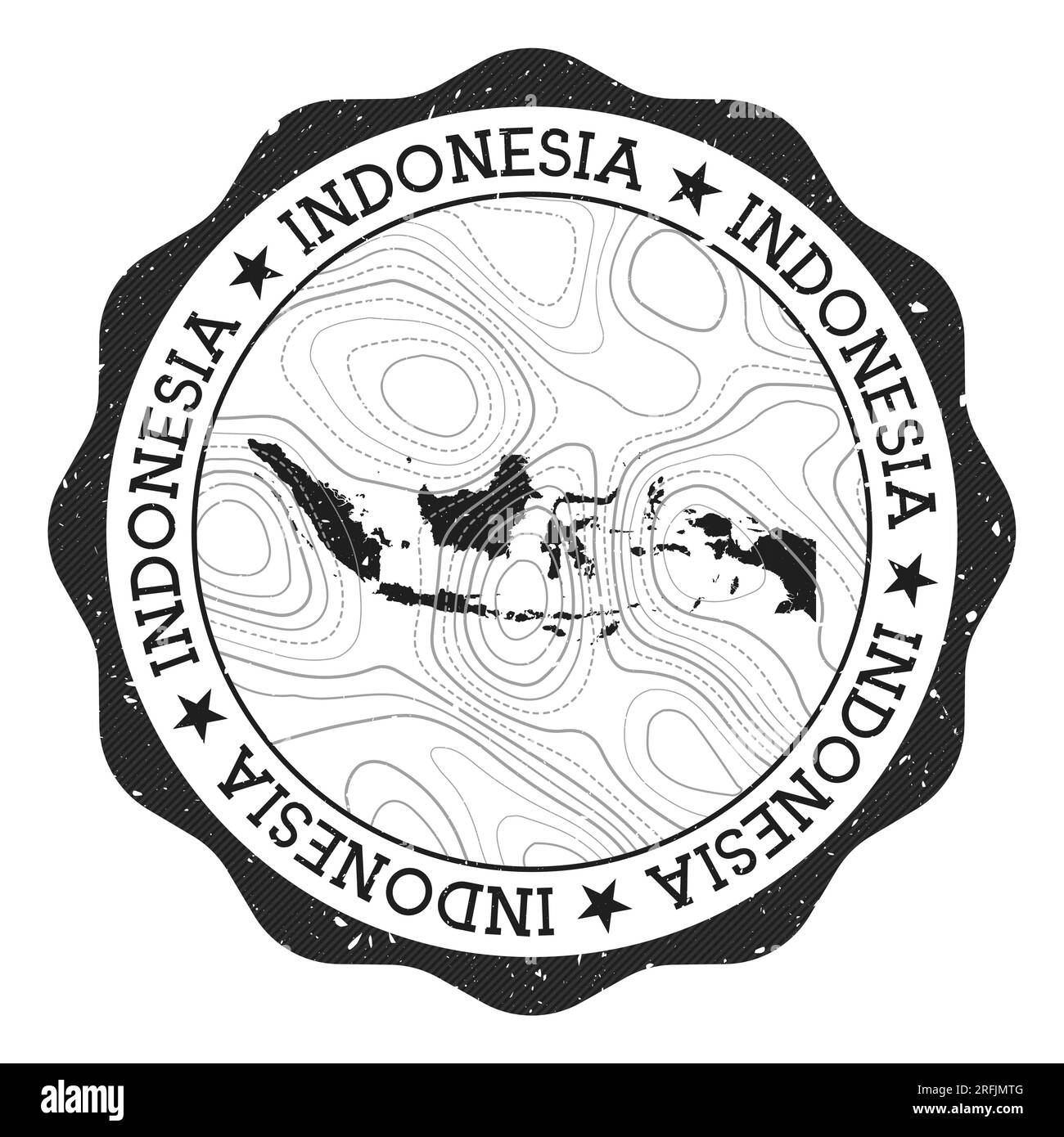 Indonesien-Außenstempel. Runder Aufkleber mit Landkarte mit topographischen Isolinien. Vektorabbildung. Stock Vektor
